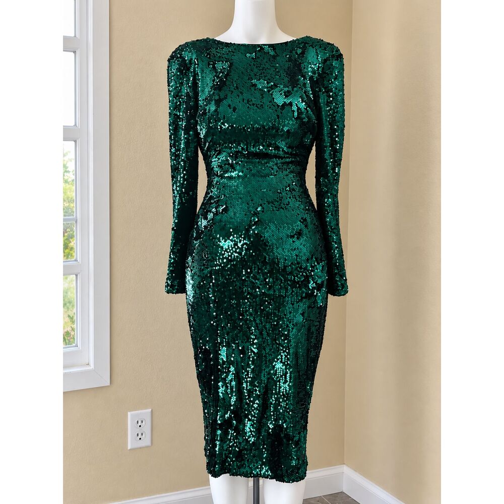 Dress the Population Natalie Sequin Long Sleeve Midi Dress Emerald Green Size S